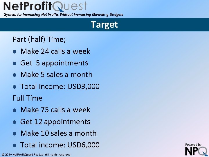 System for Increasing Net Profits Without Increasing Marketing Budgets Target Part (half) Time; l