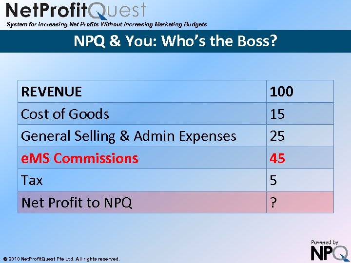 System for Increasing Net Profits Without Increasing Marketing Budgets NPQ & You: Who’s the