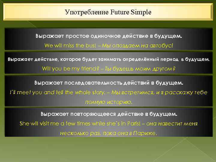Употребление Future Simple Выражает простое одиночное действие в будущем. We will miss the bus!