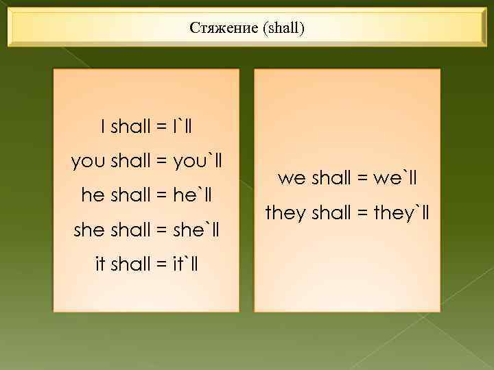 Стяжение (shall) I shall = I`ll you shall = you`ll he shall = he`ll