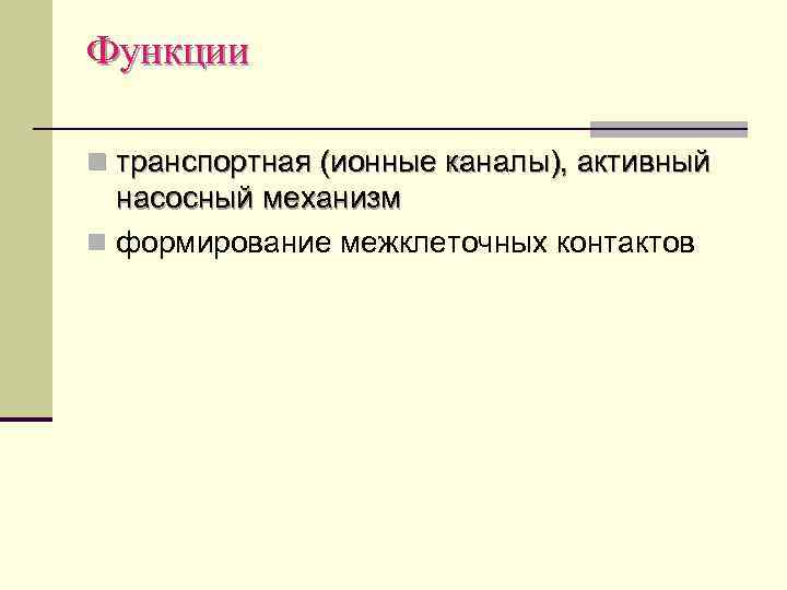 Функции n транспортная (ионные каналы), активный насосный механизм n формирование межклеточных контактов 