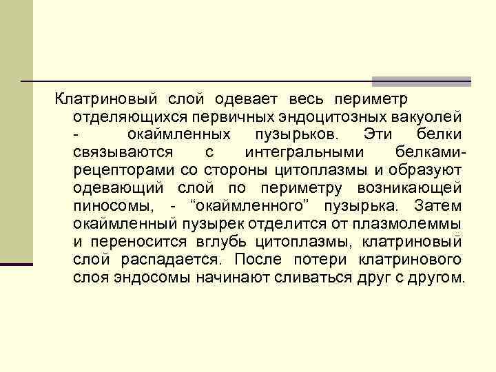 Клатриновый слой одевает весь периметр отделяющихся первичных эндоцитозных вакуолей - окаймленных пузырьков. Эти белки