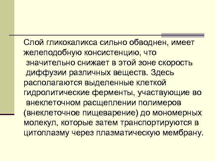 Слой гликокаликса сильно обводнен, имеет желеподобную консистенцию, что значительно снижает в этой зоне скорость