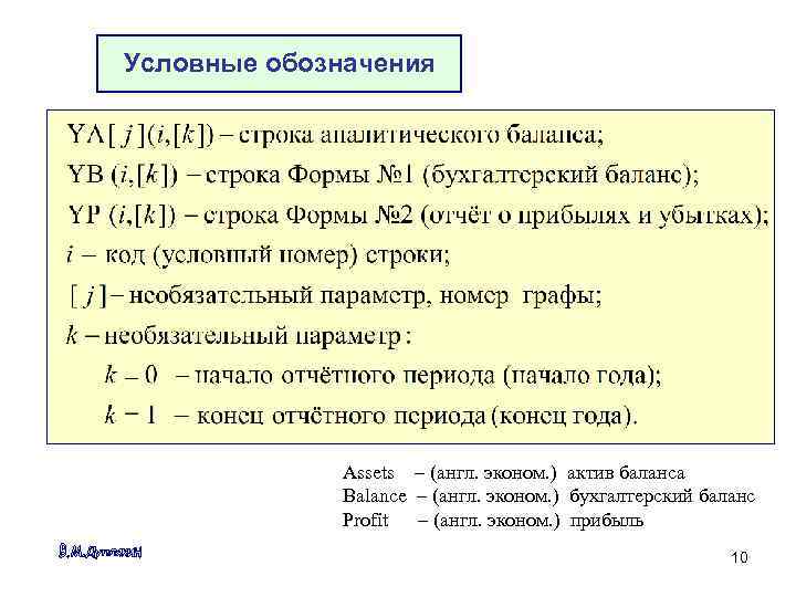 Условные обозначения Assets – (англ. эконом. ) актив баланса Balance – (англ. эконом. )