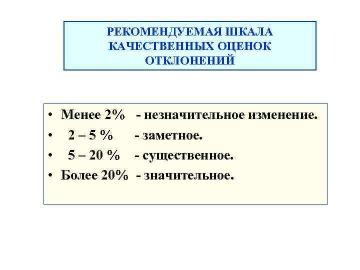 РЕКОМЕНДУЕМАЯ ШКАЛА КАЧЕСТВЕННЫХ ОЦЕНОК ОТКЛОНЕНИЙ • Менее 2% • 2– 5% • 5 –