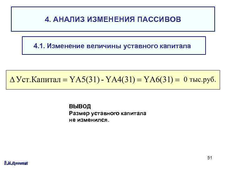 4. АНАЛИЗ ИЗМЕНЕНИЯ ПАССИВОВ 4. 1. Изменение величины уставного капитала ВЫВОД Размер уставного капитала