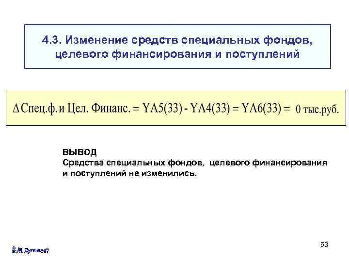 4. 3. Изменение средств специальных фондов, целевого финансирования и поступлений ВЫВОД Средства специальных фондов,