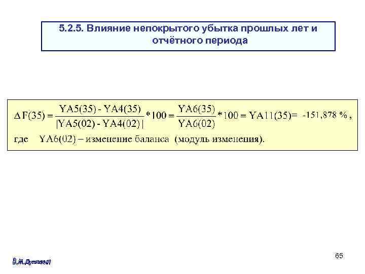 5. 2. 5. Влияние непокрытого убытка прошлых лет и отчётного периода 65 