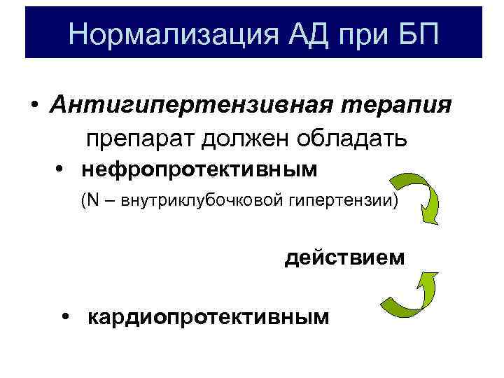 Нормализация АД при БП • Антигипертензивная терапия препарат должен обладать • нефропротективным (N –