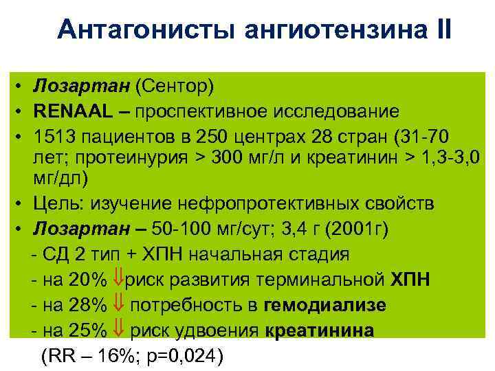 Антагонисты ангиотензина II • Лозартан (Сентор) • RENAAL – проспективное исследование • 1513 пациентов