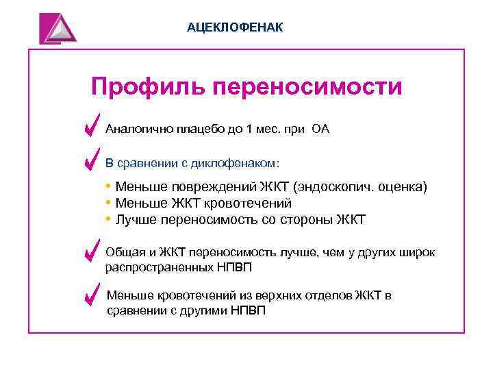 АЦЕКЛОФЕНАК Профиль переносимости Аналогично плацебо до 1 мес. при OA В сравнении с диклофенаком: