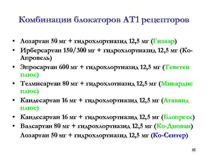 Комбинации блокаторов АТ 1 рецепторов • Лозартан 50 мг + гидрохлортиазид 12, 5 мг