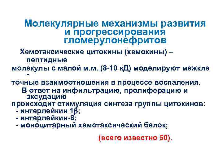 Молекулярные механизмы развития и прогрессирования гломерулонефритов Хемотаксические цитокины (хемокины) – пептидные молекулы с малой