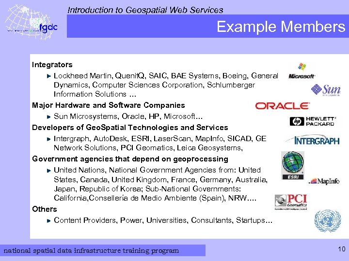 Introduction to Geospatial Web Services Example Members Integrators Lockheed Martin, Quenit. Q, SAIC, BAE