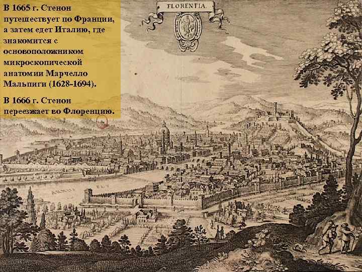 В 1665 г. Стенон путешествует по Франции, а затем едет Италию, где знакомится с