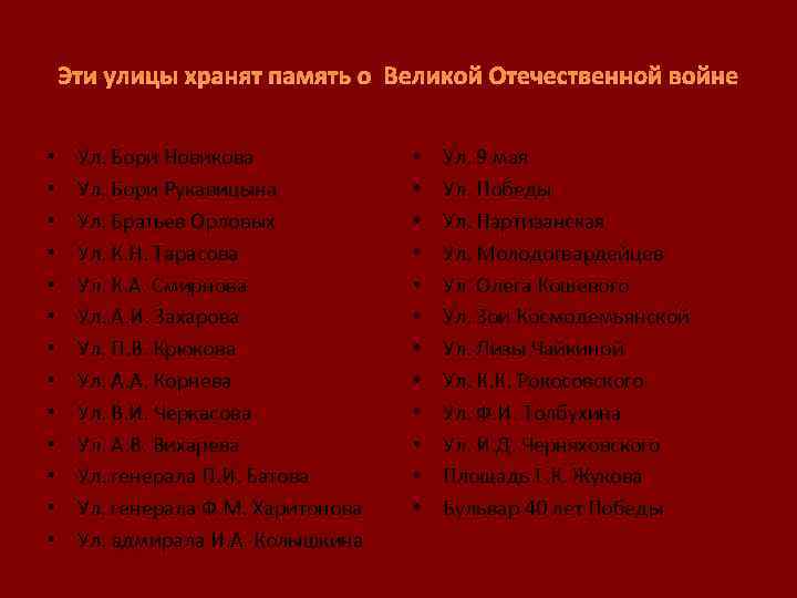 Эти улицы хранят память о Великой Отечественной войне • • • • Ул. Бори