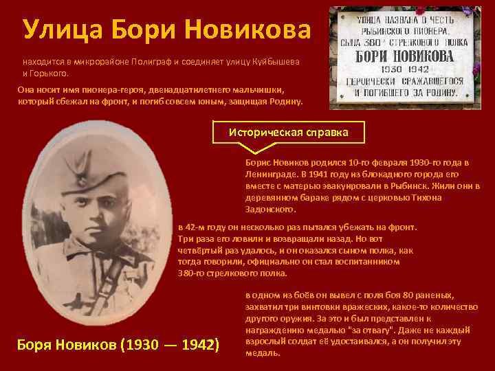 Улица Бори Новикова находится в микрорайоне Полиграф и соединяет улицу Куйбышева и Горького. Она