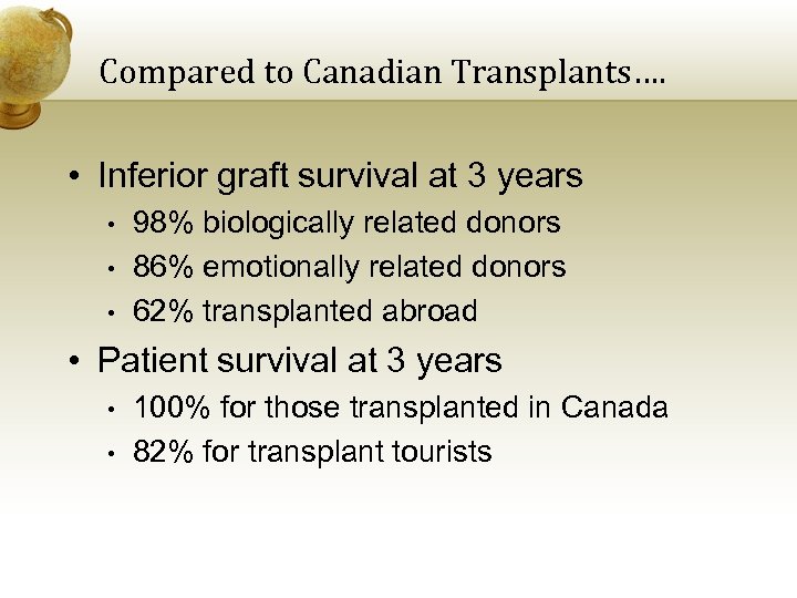 Compared to Canadian Transplants…. • Inferior graft survival at 3 years • • •