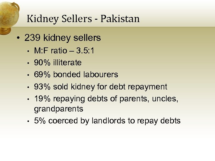 Kidney Sellers - Pakistan • 239 kidney sellers • • • M: F ratio
