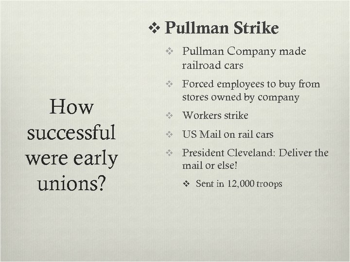 v Pullman Strike v Pullman Company made railroad cars v Forced employees to buy