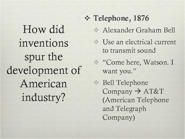 v Telephone, 1876 How did inventions spur the development of American industry? v Alexander