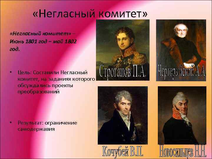  «Негласный комитет» – Июнь 1801 год – май 1802 год. • Цель: Составили