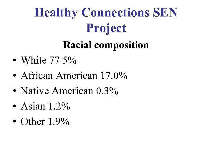 Healthy Connections SEN Project • • • Racial composition White 77. 5% African American