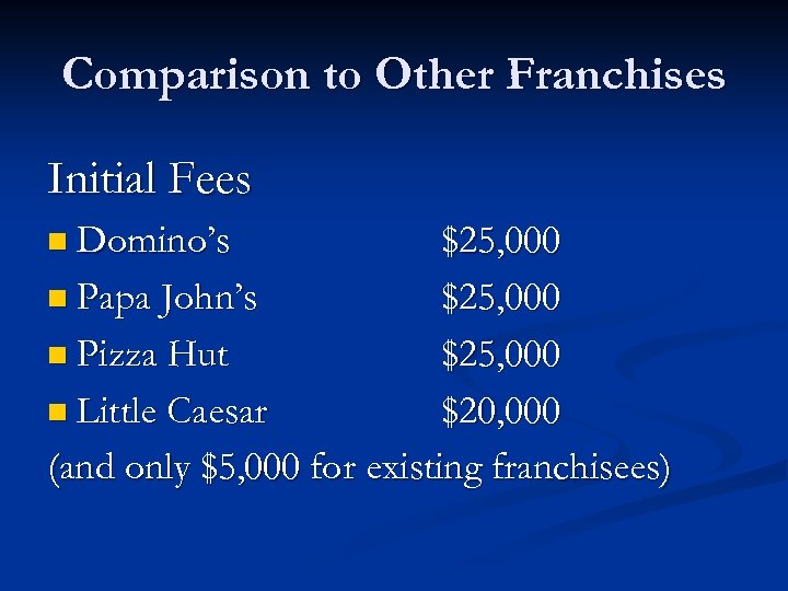 Comparison to Other Franchises Initial Fees n Domino’s $25, 000 n Papa John’s $25,