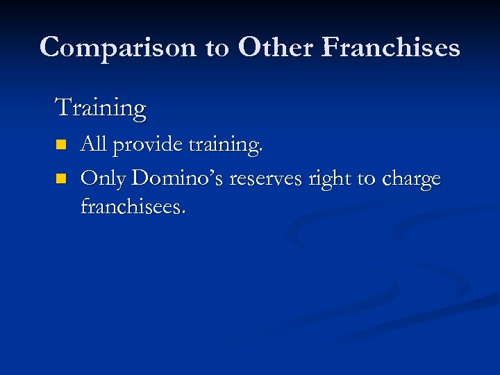 Comparison to Other Franchises Training n n All provide training. Only Domino’s reserves right