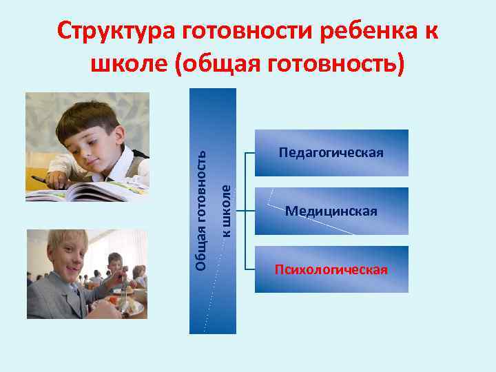 Педагогическая к школе Общая готовность Структура готовности ребенка к школе (общая готовность) Медицинская Психологическая