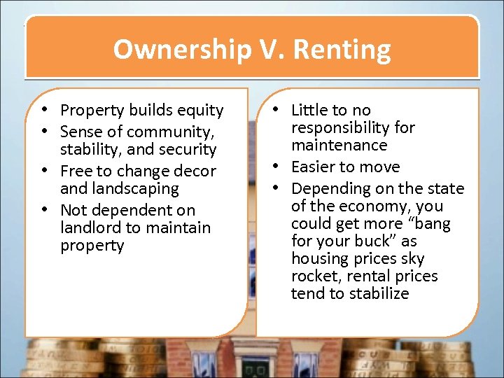 Ownership V. Renting • Property builds equity • Sense of community, stability, and security