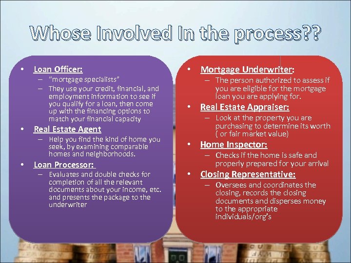 Whose Involved In the process? ? • Loan Officer: – “mortgage specialists” – They