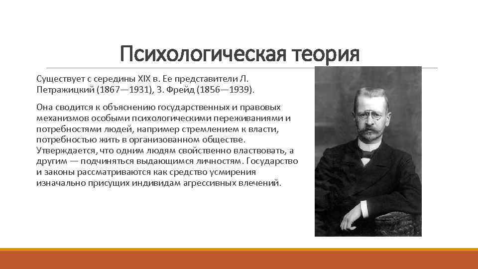 Психологическая теория Существует с середины XIX в. Ее представители Л. Петражицкий (1867— 1931), 3.