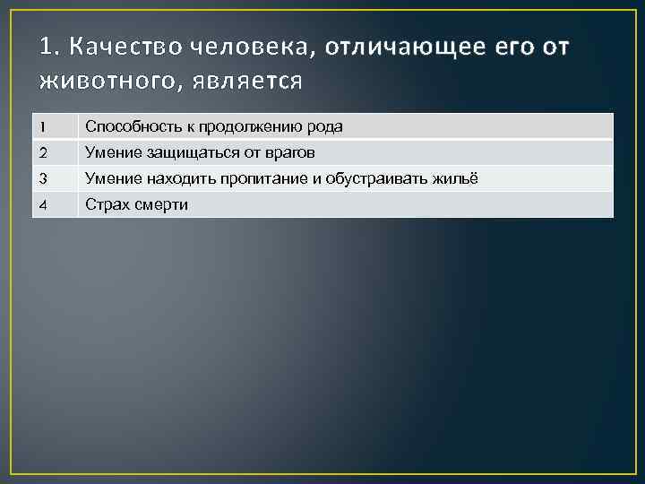 1. Качество человека, отличающее его от животного, является 1 Способность к продолжению рода 2