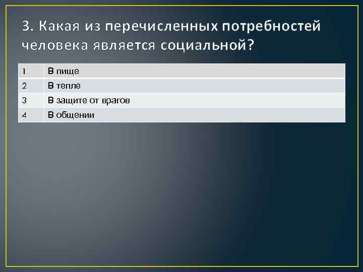 3. Какая из перечисленных потребностей человека является социальной? 1 В пище 2 В тепле