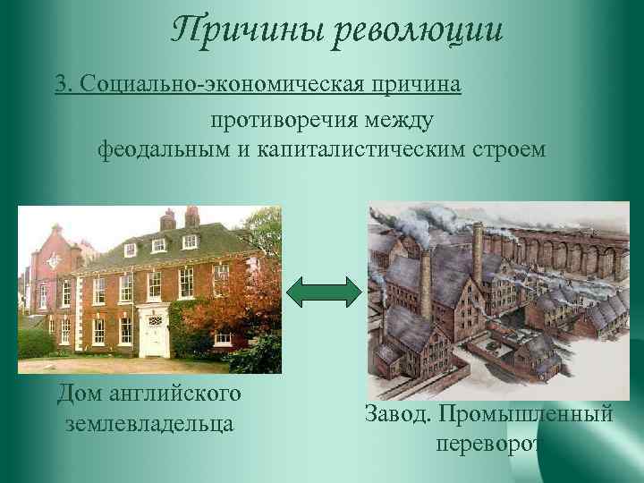 Причины революции 3. Социально-экономическая причина противоречия между феодальным и капиталистическим строем Дом английского землевладельца