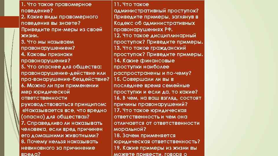 1. Что такое правомерное поведение? 2. Какие виды правомерного поведения вы знаете? Приведите при