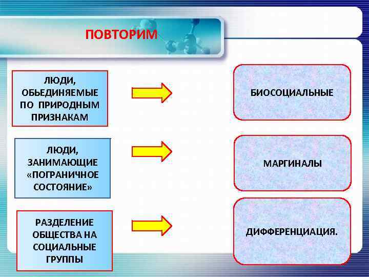 ПОВТОРИМ ЛЮДИ, ОБЬЕДИНЯЕМЫЕ ПО ПРИРОДНЫМ ПРИЗНАКАМ ЛЮДИ, ЗАНИМАЮЩИЕ «ПОГРАНИЧНОЕ СОСТОЯНИЕ» РАЗДЕЛЕНИЕ ОБЩЕСТВА НА СОЦИАЛЬНЫЕ