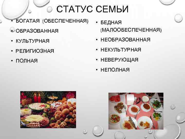 СТАТУС СЕМЬИ • БОГАТАЯ (ОБЕСПЕЧЕННАЯ) • ОБРАЗОВАННАЯ • БЕДНАЯ (МАЛООБЕСПЕЧЕННАЯ) • КУЛЬТУРНАЯ • НЕОБРАЗОВАННАЯ