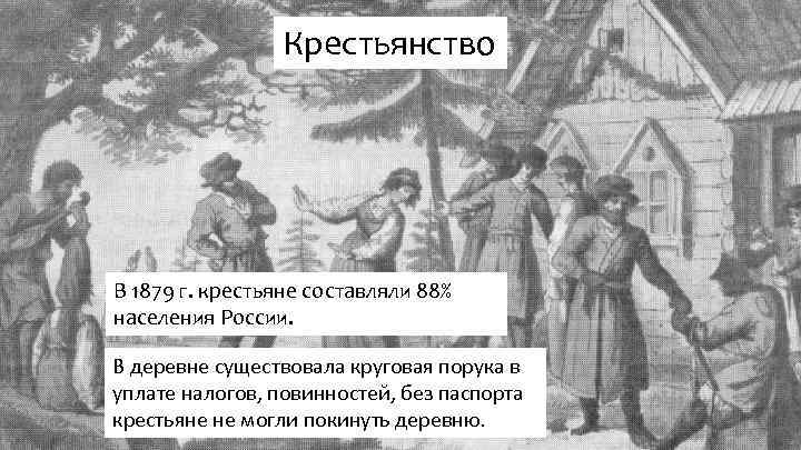 Крестьянство В 1879 г. крестьяне составляли 88% населения России. В деревне существовала круговая порука