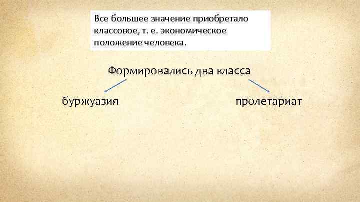Все большее значение приобретало классовое, т. е. экономическое положение человека. Формировались два класса буржуазия