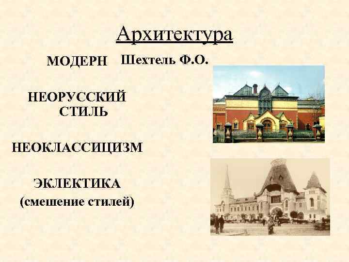 Архитектура МОДЕРН Шехтель Ф. О. НЕОРУССКИЙ СТИЛЬ НЕОКЛАССИЦИЗМ ЭКЛЕКТИКА (смешение стилей) 