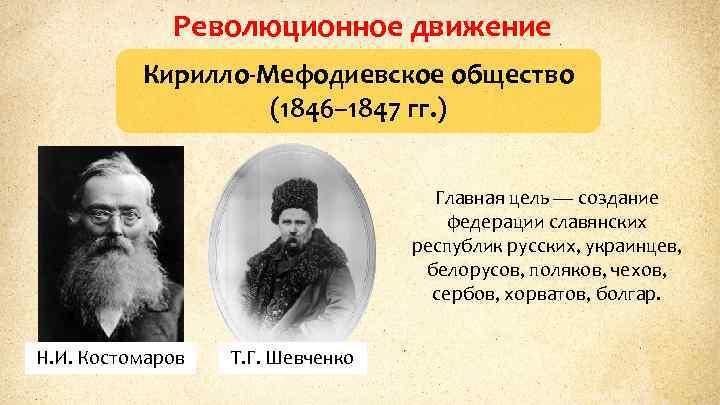Революционное движение Кирилло-Мефодиевское общество (1846– 1847 гг. ) Главная цель — создание федерации славянских