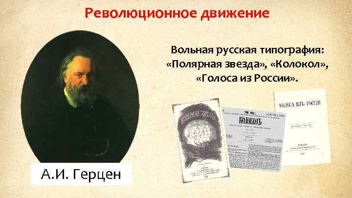 Революционное движение Вольная русская типография: «Полярная звезда» , «Колокол» , «Голоса из России» .