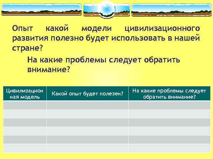 Опыт какой модели цивилизационного развития полезно будет использовать в нашей стране? На какие проблемы
