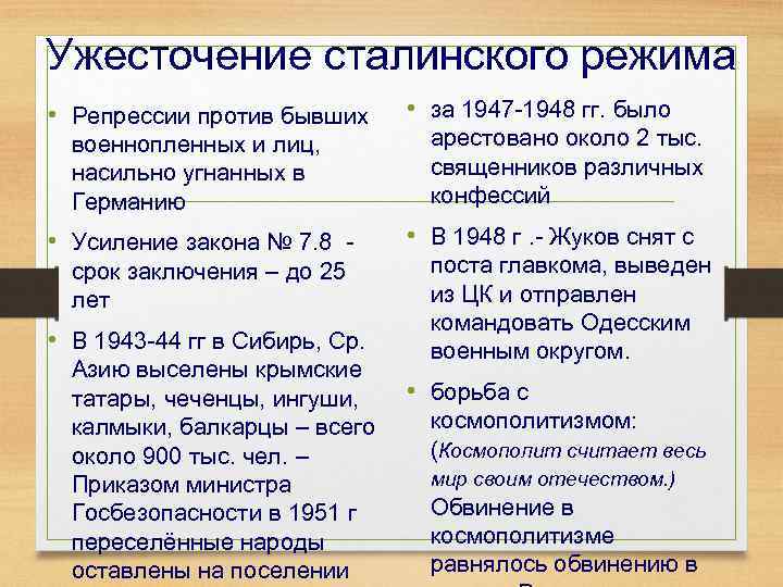 Ужесточение сталинского режима • Репрессии против бывших военнопленных и лиц, насильно угнанных в Германию