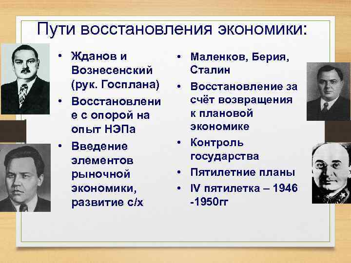 Пути восстановления экономики: • Жданов и Вознесенский (рук. Госплана) • Восстановлени е с опорой
