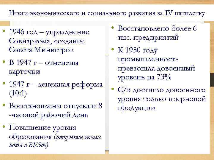 Итоги экономического и социального развития за IV пятилетку • 1946 год – упразднение Совнаркома,