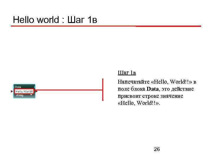 Hello world : Шаг 1 в Напечатайте «Hello, World!!» в поле блока Data, это