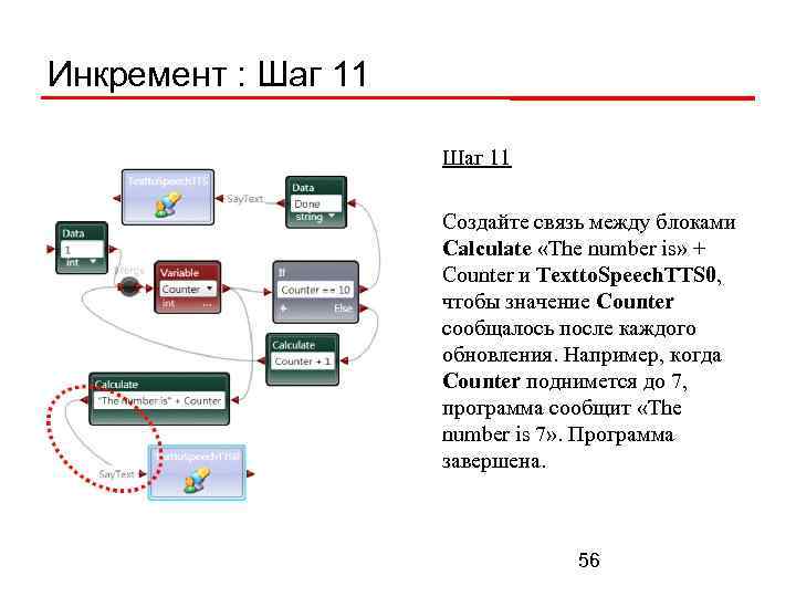 Инкремент : Шаг 11 Создайте связь между блоками Calculate «The number is» + Counter